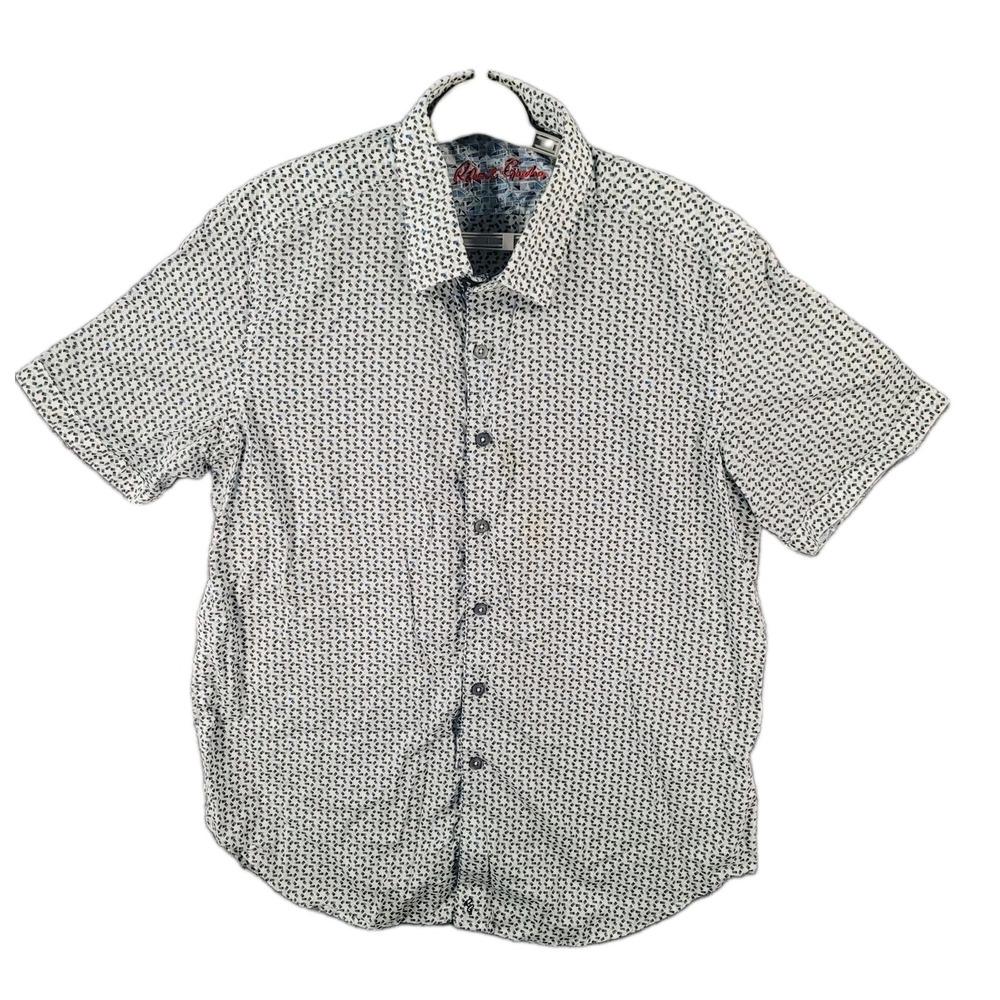Robert Graham Short Sleeve Shirt Mens XL White Blue Geometric Button Up Casual